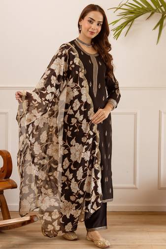 Black viscose rayon embroidered kurta trouser dupatta set