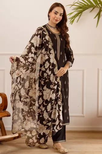 Black viscose rayon embroidered kurta trouser dupatta set