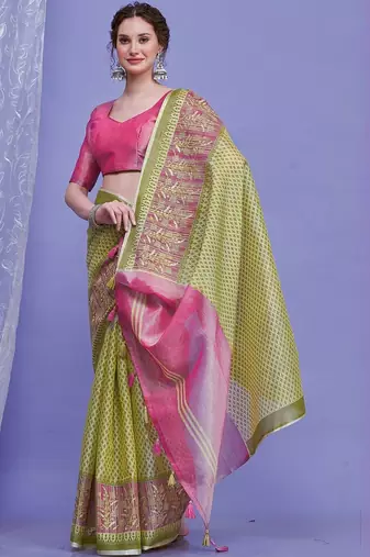 green women ethnic motifs linen blend designer saree