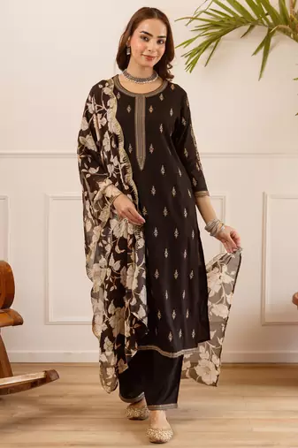 Black viscose rayon embroidered kurta trouser dupatta set