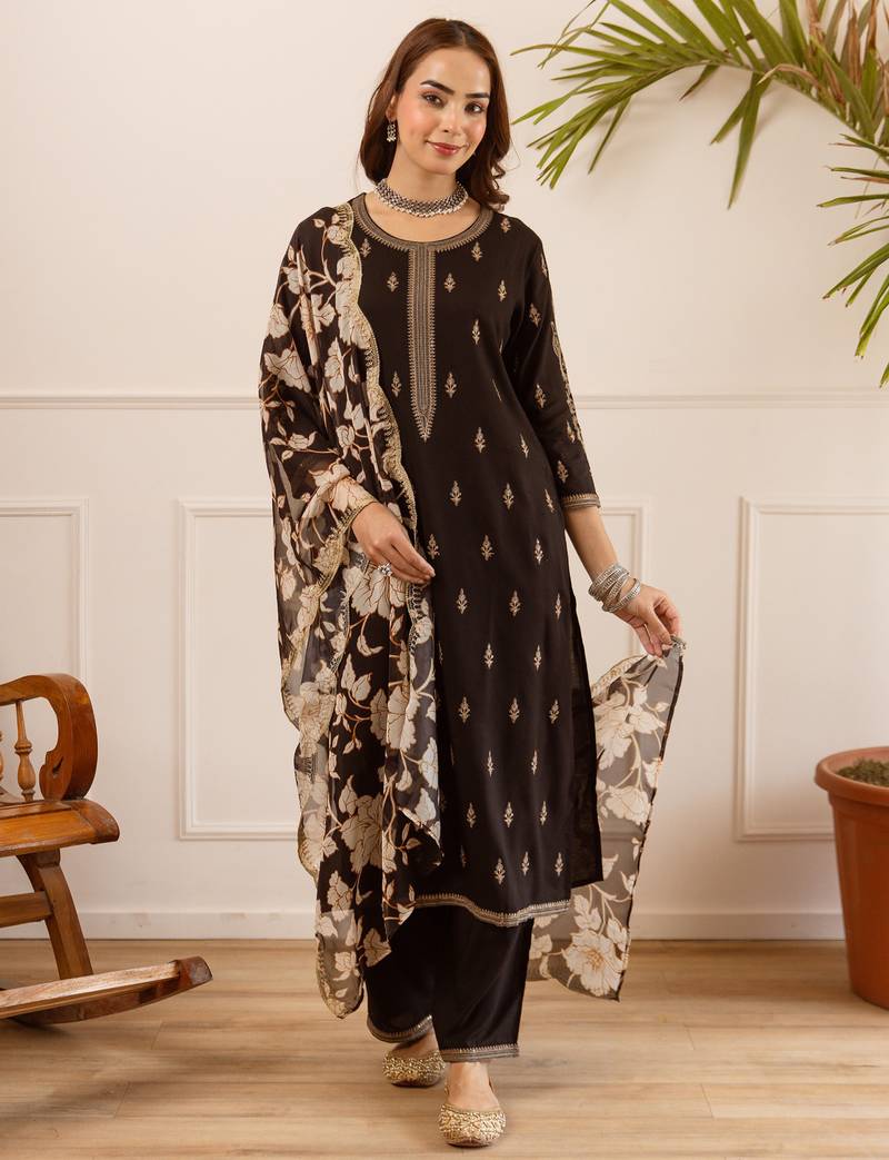 Black viscose rayon embroidered kurta trouser dupatta set