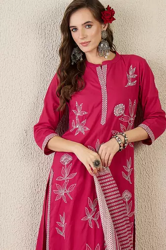 Pink pure cotton embroidered kurta trouser dupatta set