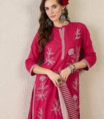 Pink pure cotton embroidered kurta trouser dupatta set