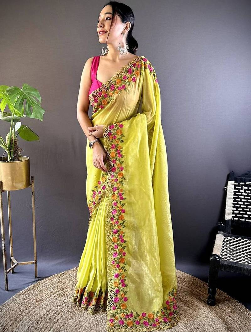 Lime lime green embroidered tissue  sarees