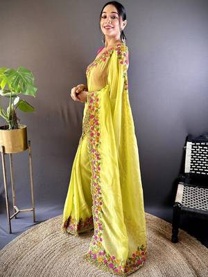 Lime lime green embroidered tissue  sarees 2