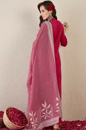 Pink pure cotton embroidered kurta trouser dupatta set