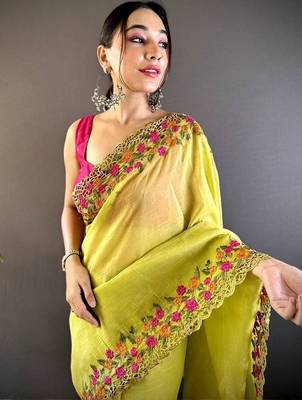 Lime lime green embroidered tissue  sarees 4