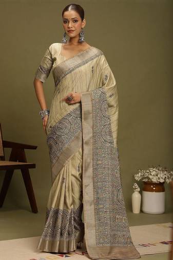 beige ethnic motifs satin block print saree