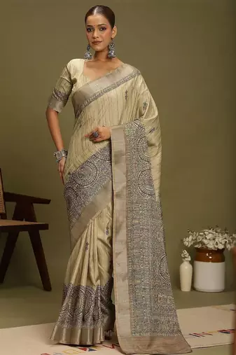 beige ethnic motifs satin block print saree