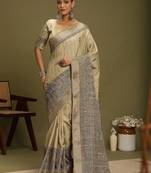 beige ethnic motifs satin block print saree