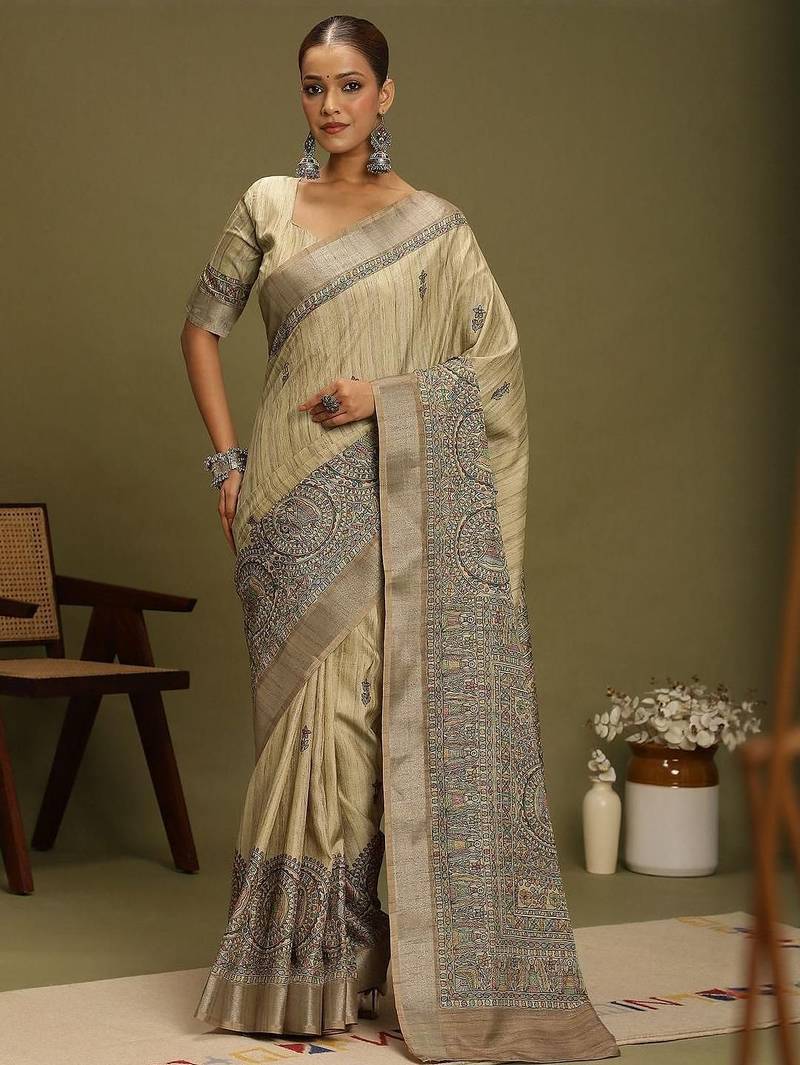 beige ethnic motifs satin block print saree