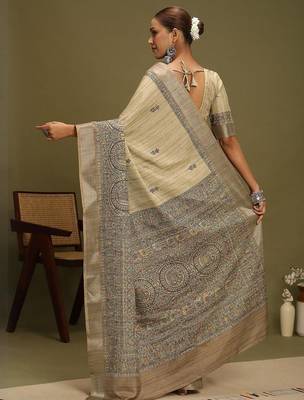 beige ethnic motifs satin block print saree 2