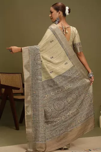 beige ethnic motifs satin block print saree