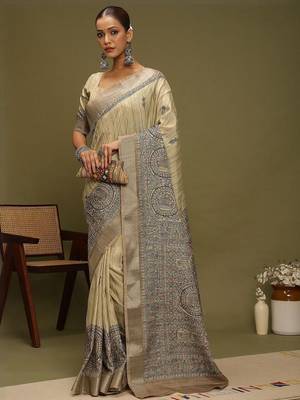 beige ethnic motifs satin block print saree 3