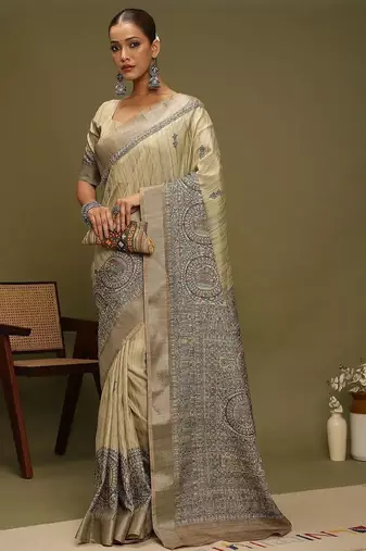 beige ethnic motifs satin block print saree