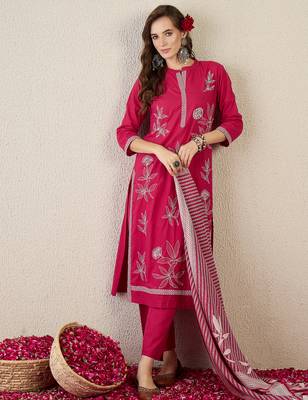 Pink pure cotton embroidered kurta trouser dupatta set 4