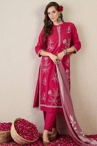 Pink pure cotton embroidered kurta trouser dupatta set