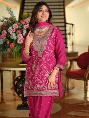 Pink silk blend embroidered kurta trouser dupatta set 1