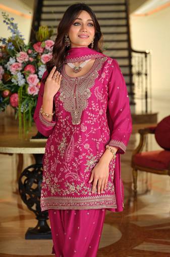 Pink silk blend embroidered kurta trouser dupatta set