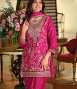 Pink silk blend embroidered kurta trouser dupatta set