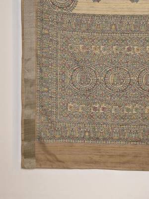 beige ethnic motifs satin block print saree 4