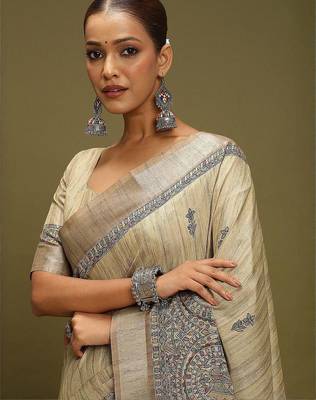 beige ethnic motifs satin block print saree 5
