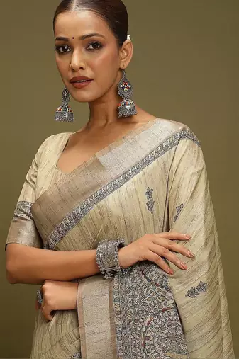 beige ethnic motifs satin block print saree