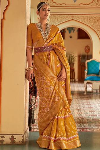 Mustard women  ethnic print ikat saree