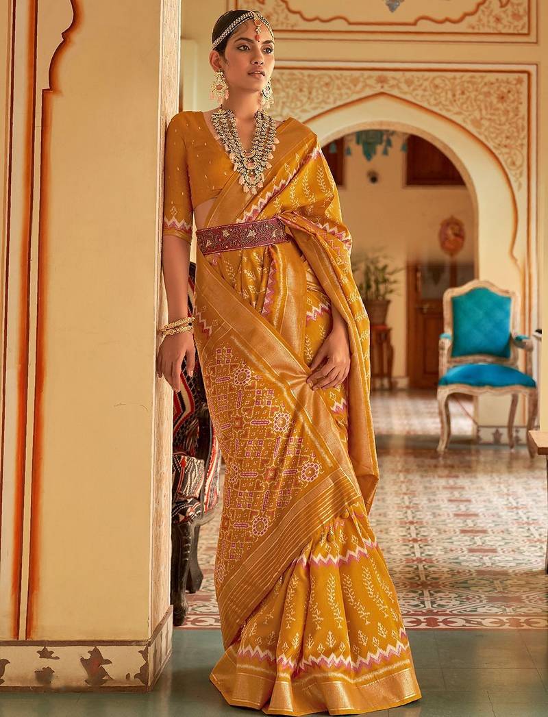 Mustard women  ethnic print ikat saree