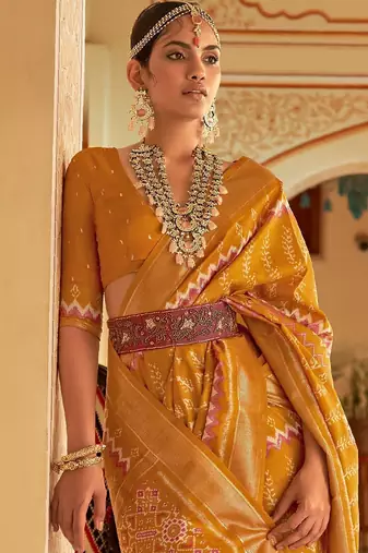 Mustard women  ethnic print ikat saree