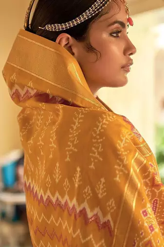 Mustard women  ethnic print ikat saree