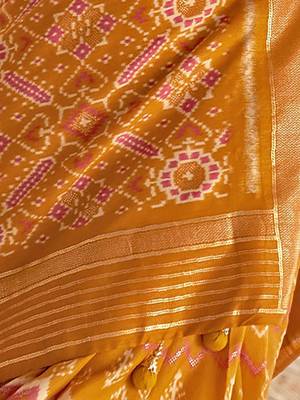 Mustard women  ethnic print ikat saree 4
