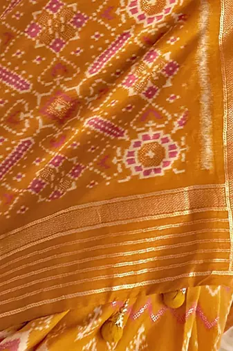Mustard women  ethnic print ikat saree
