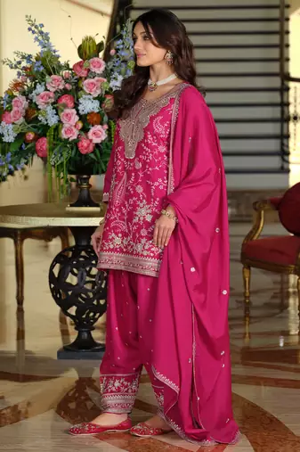 Pink silk blend embroidered kurta trouser dupatta set