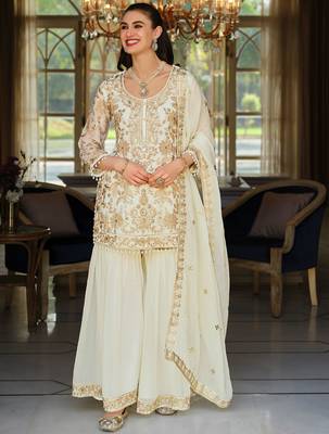 White silk blend embroidered kurta trouser dupatta set 1