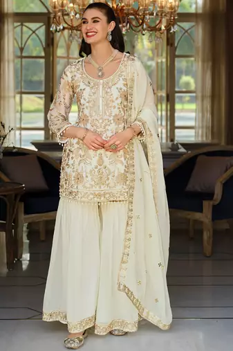 White silk blend embroidered kurta trouser dupatta set