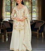 White silk blend embroidered kurta trouser dupatta set