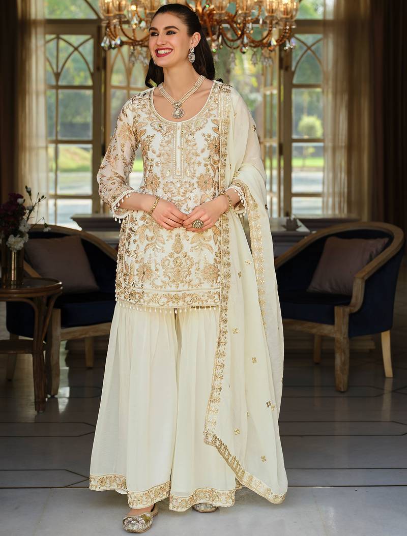 White silk blend embroidered kurta trouser dupatta set