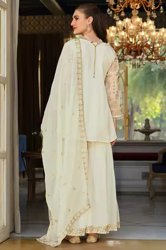 White silk blend embroidered kurta trouser dupatta set