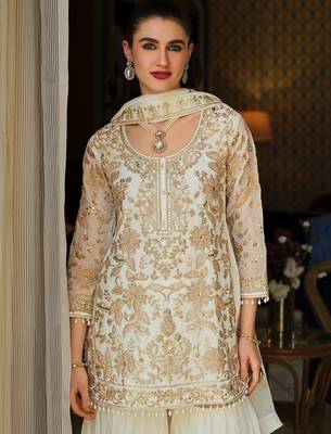 White silk blend embroidered kurta trouser dupatta set 4
