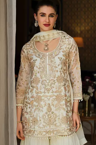 White silk blend embroidered kurta trouser dupatta set