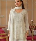 White silk blend embroidered kurta trouser dupatta set