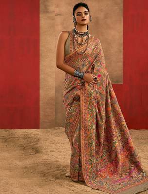 Beige floral silk cotton saree 1