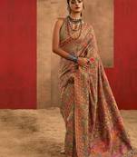 Beige floral silk cotton saree