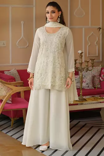 White silk blend embroidered kurta trouser dupatta set