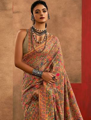 Beige floral silk cotton saree 2