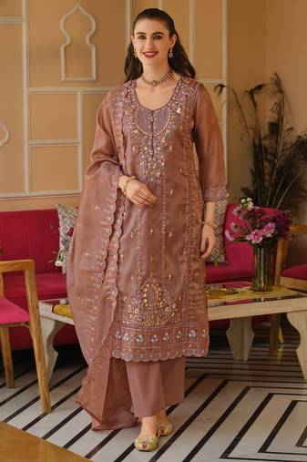 Mauve silk blend embroidered kurta trouser dupatta set
