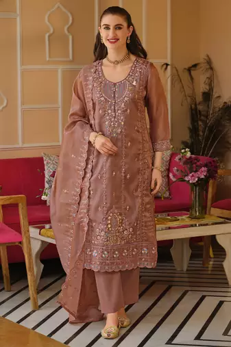 Mauve silk blend embroidered kurta trouser dupatta set