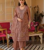Mauve silk blend embroidered kurta trouser dupatta set