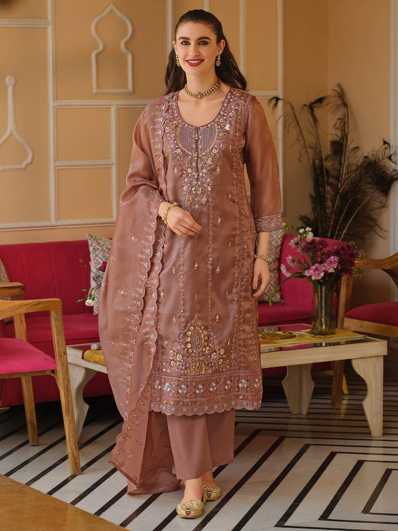 Mauve silk blend embroidered kurta trouser dupatta set